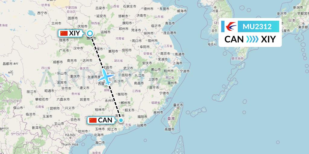 MU2312 China Eastern Airlines Flight Map: Guangzhou to Xi'an