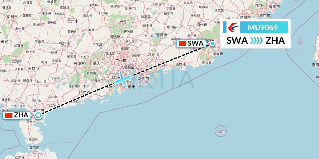 MU9069 China Eastern Airlines Flight Map: Jieyang to Zhanjiang