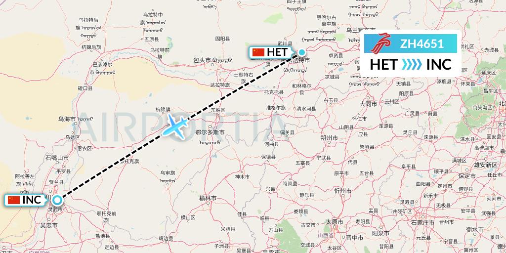 ZH4651 Shenzhen Airlines Flight Map: Hohhot to Yinchuan