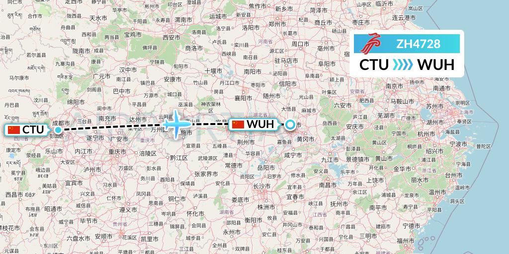 ZH4728 Shenzhen Airlines Flight Map: Chengdu to Wuhan