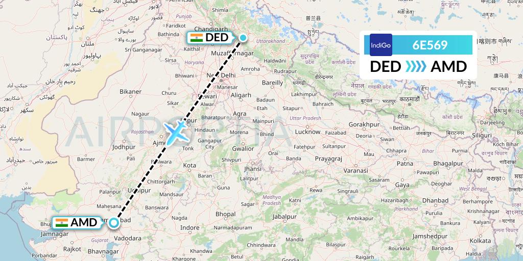 6E569 IndiGo Airlines Flight Map: Dehradun to Ahmedabad