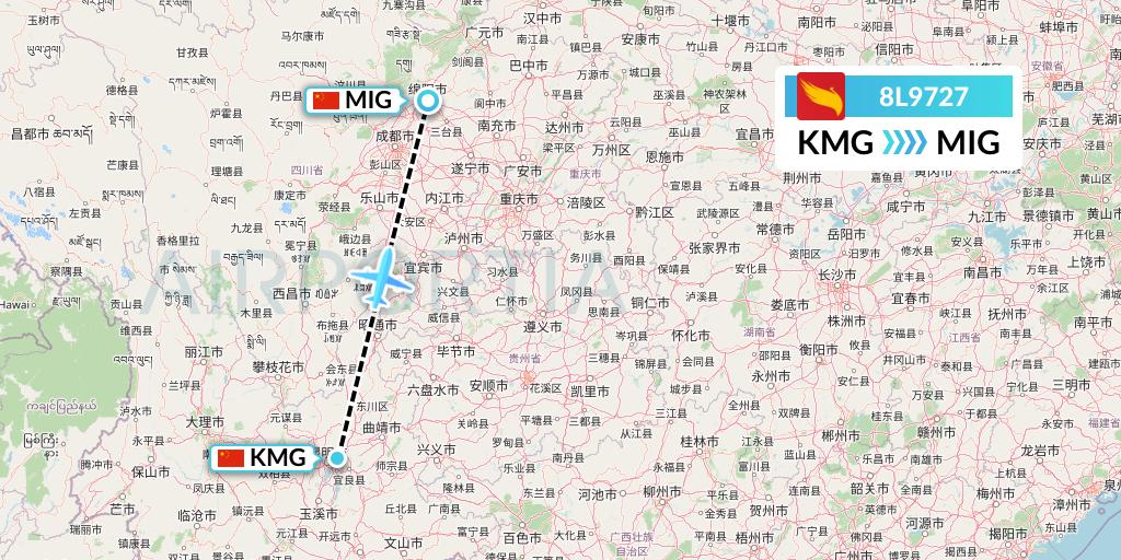 8L9727 Lucky Air Flight Map: Kunming to Mianyang