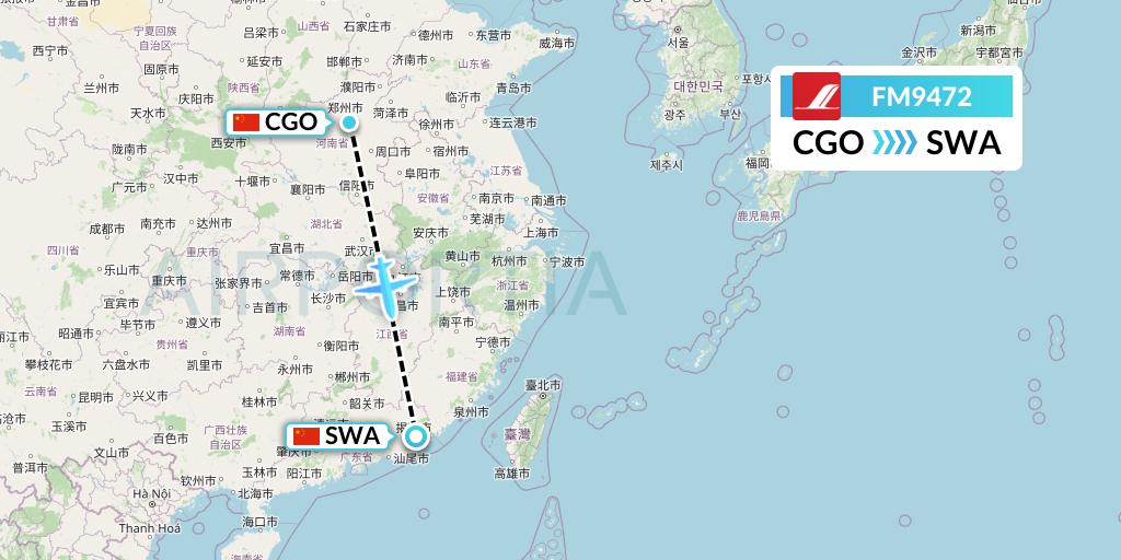 FM9472 Shanghai Airlines Flight Map: Zhengzhou to Jieyang