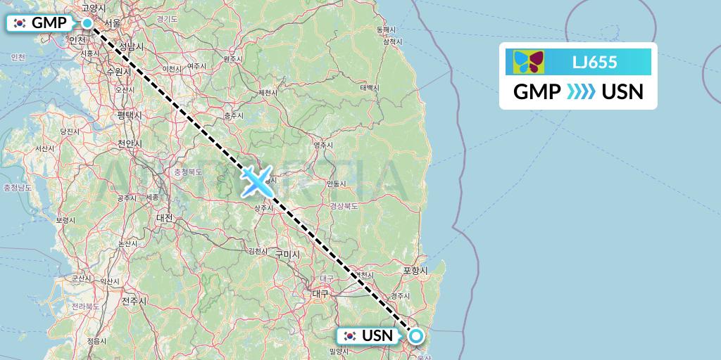 LJ655 Jin Air Flight Map: Seoul to Ulsan