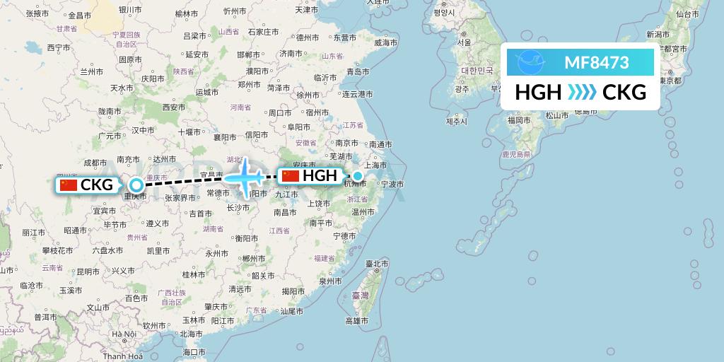 MF8473 Xiamen Airlines Flight Map: Hangzhou to Chongqing