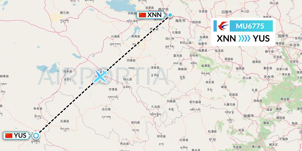 MU6775 China Eastern Airlines Flight Map: Xining to Yushu