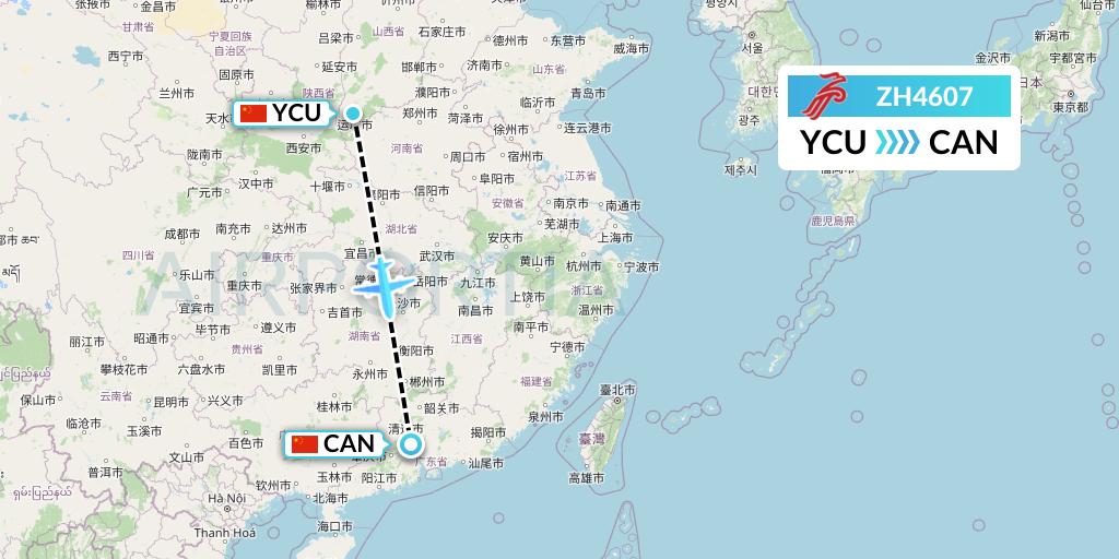 ZH4607 Shenzhen Airlines Flight Map: Yuncheng to Guangzhou