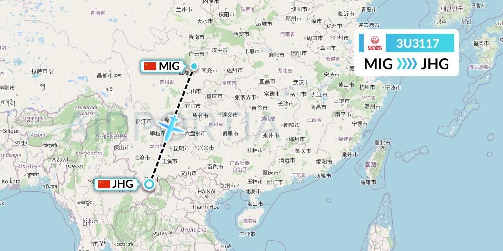 3U3117 Sichuan Airlines Flight Map: Mianyang to Jinghong