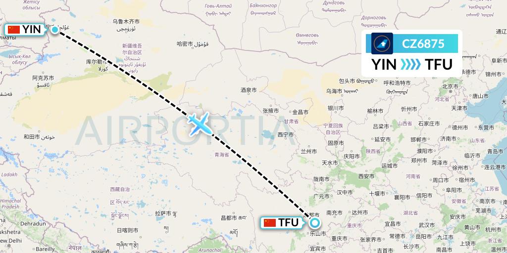 CZ6875 China Southern Airlines Flight Map: Yining to Chengdu