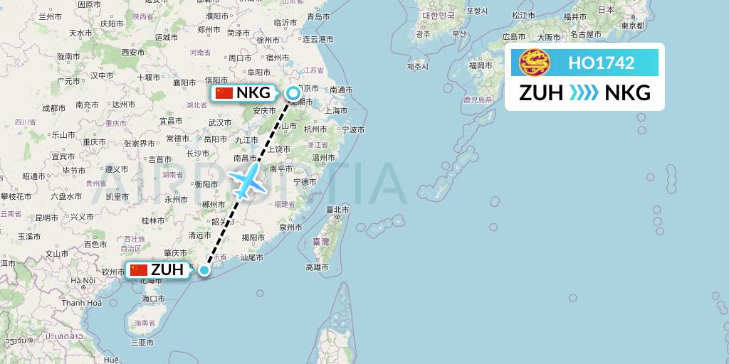 HO1742 Juneyao Airlines Flight Map: Zhuhai to Nanjing