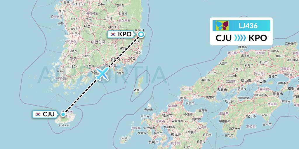 LJ436 Jin Air Flight Map: Jeju to Pohang