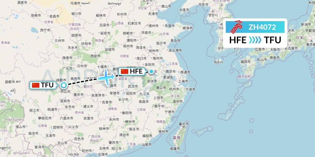 ZH4072 Shenzhen Airlines Flight Map: Hefei to Chengdu