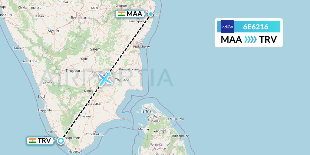 6E6216 IndiGo Airlines Flight Map: Chennai to Thiruvananthapuram