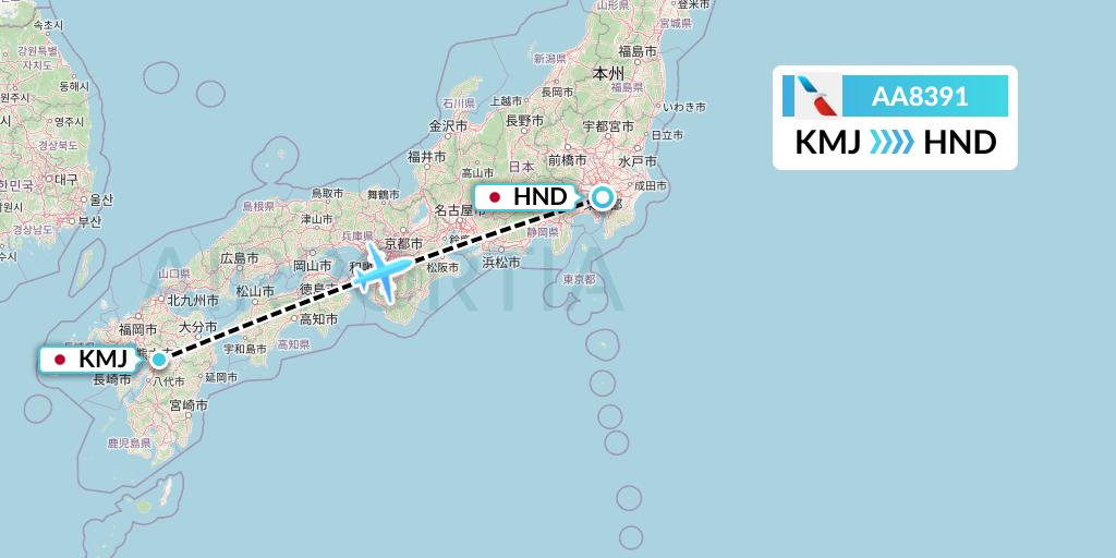 AA8391 American Airlines Flight Map: Kumamoto to Tokyo