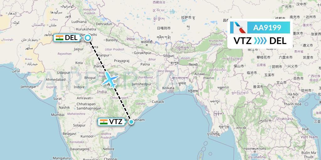 AA9199 American Airlines Flight Map: Visakhapatnam to Delhi
