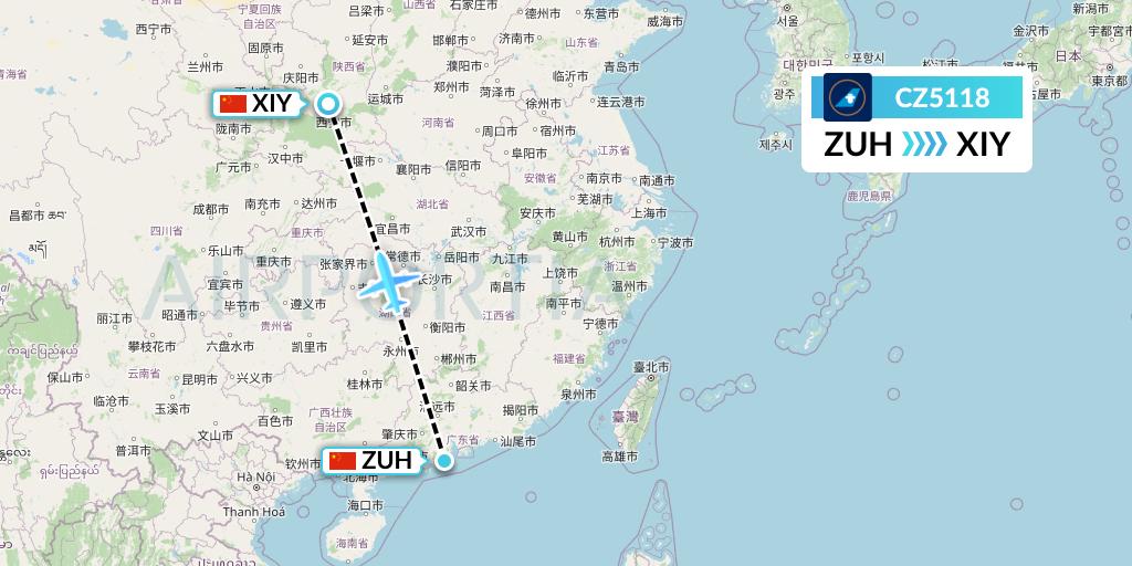 CZ5118 China Southern Airlines Flight Map: Zhuhai to Xi'an