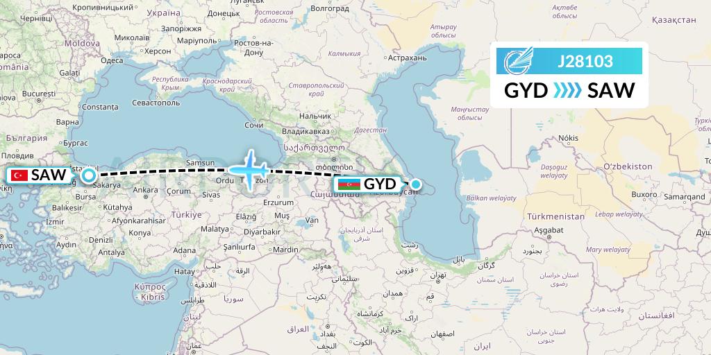 J28103 Azerbaijan Airlines Flight Map: Baku to Istanbul