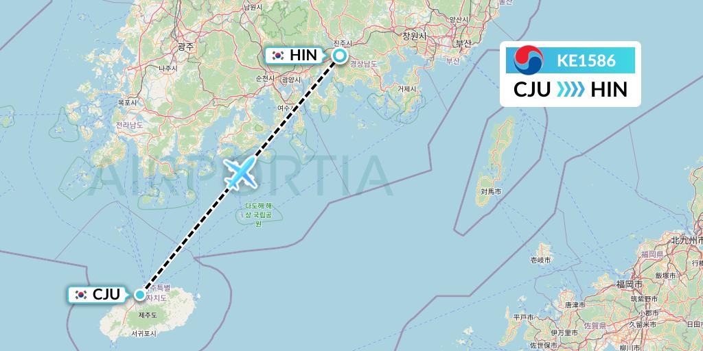 KE1586 Korean Air Flight Map: Jeju to Jinju