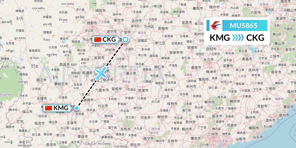 MU5865 China Eastern Airlines Flight Map: Kunming to Chongqing