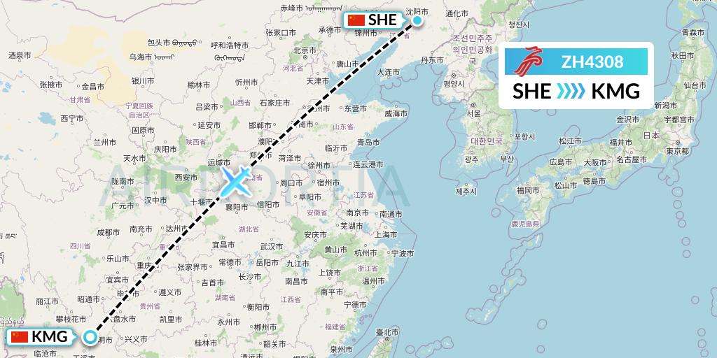 ZH4308 Shenzhen Airlines Flight Map: Shenyang to Kunming