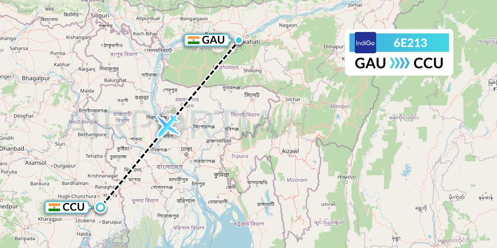 6E213 IndiGo Airlines Flight Map: Guwahati to Kolkata