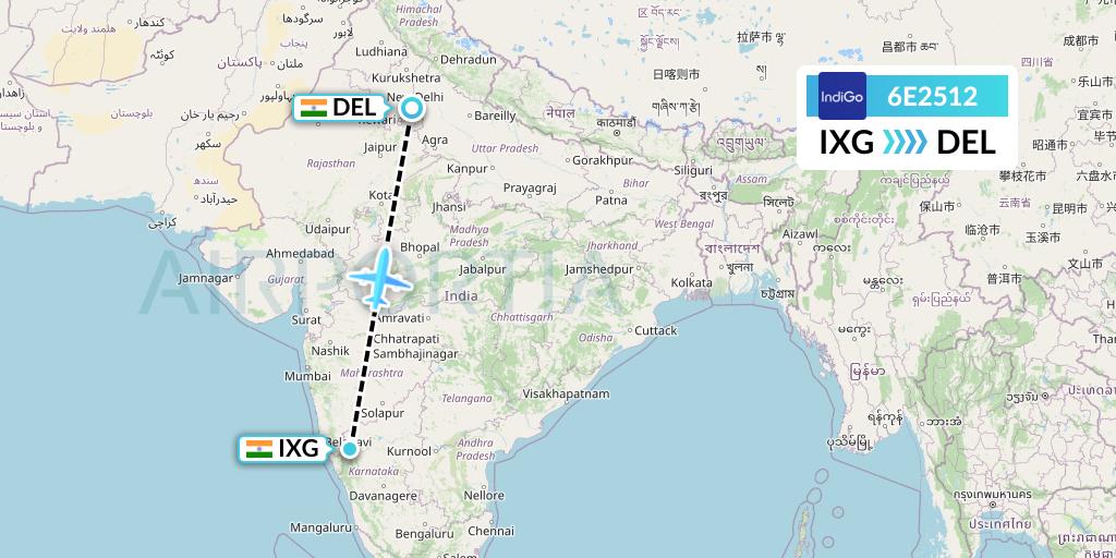6E2512 IndiGo Airlines Flight Map: Belgaum to Delhi
