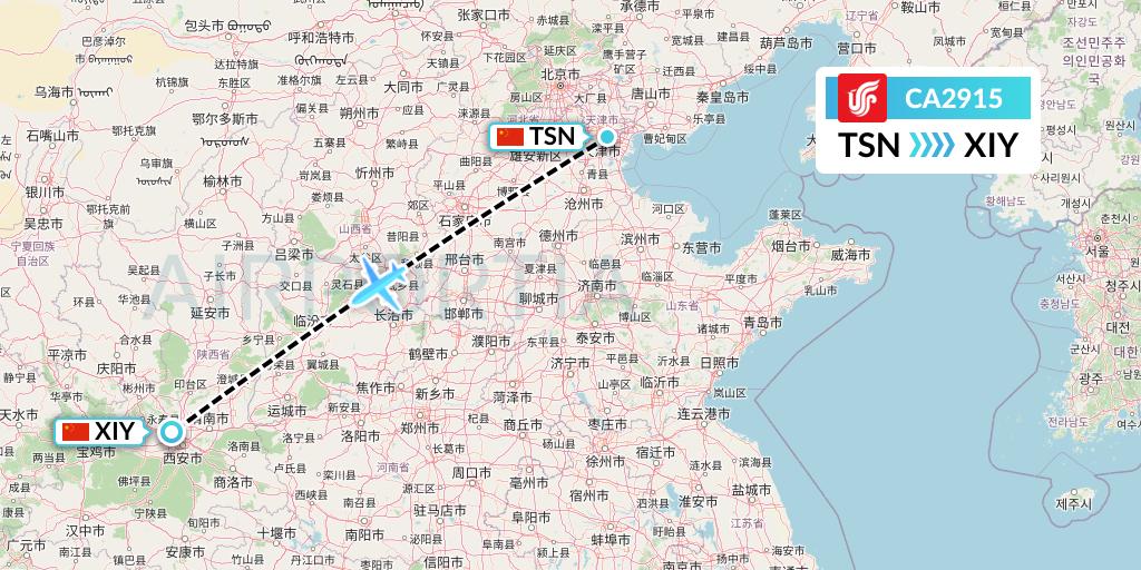 CA2915 Air China Flight Map: Tianjin to Xi'an