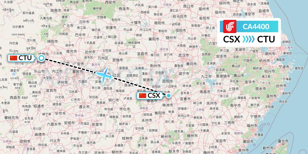 CA4400 Air China Flight Map: Changsha to Chengdu