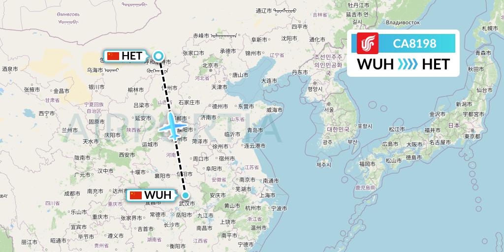 CA8198 Air China Flight Map: Wuhan to Hohhot