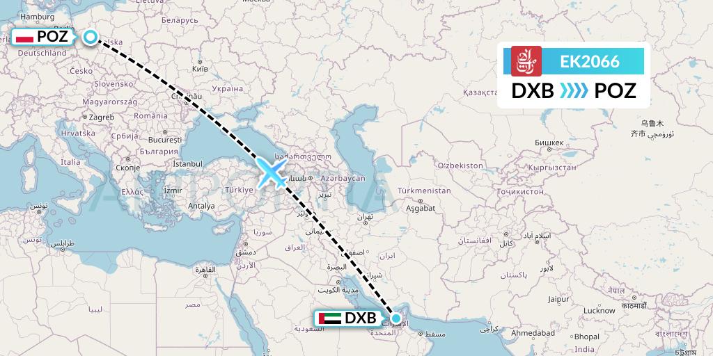 EK2066 Emirates Flight Map: Dubai to Poznan