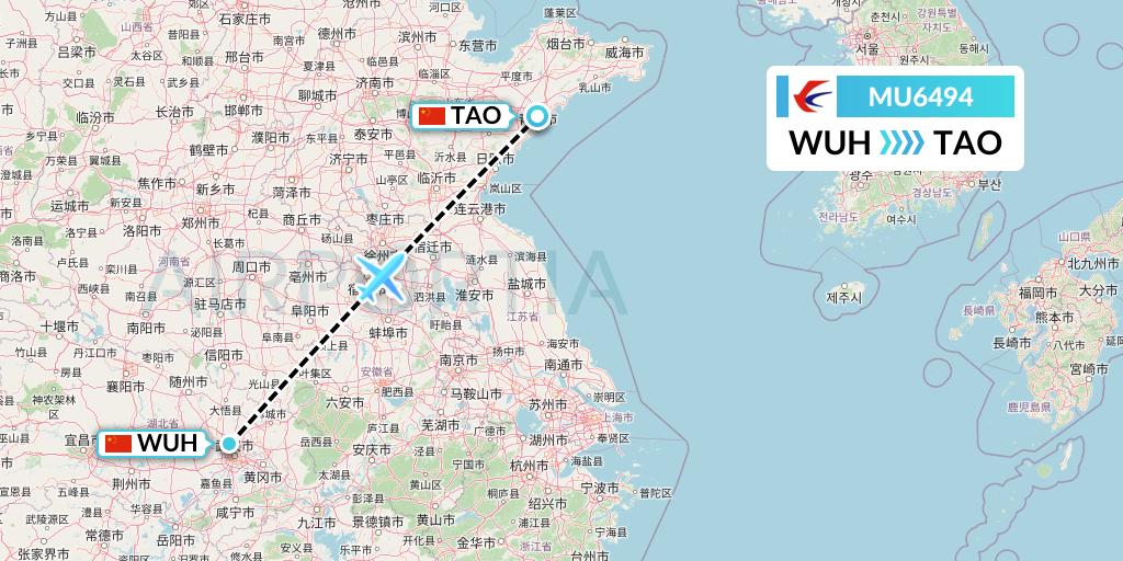 MU6494 China Eastern Airlines Flight Map: Wuhan to Qingdao