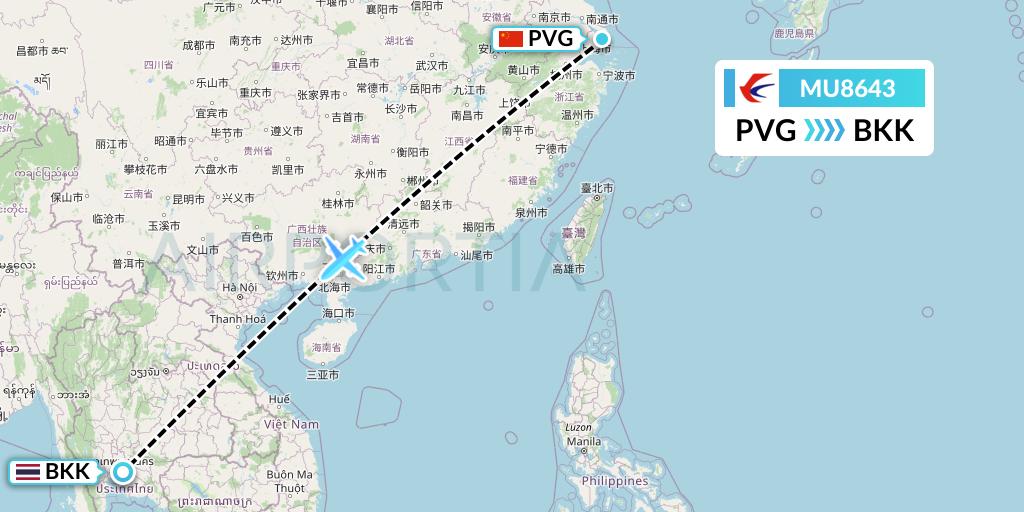 MU8643 China Eastern Airlines Flight Map: Shanghai to Bangkok