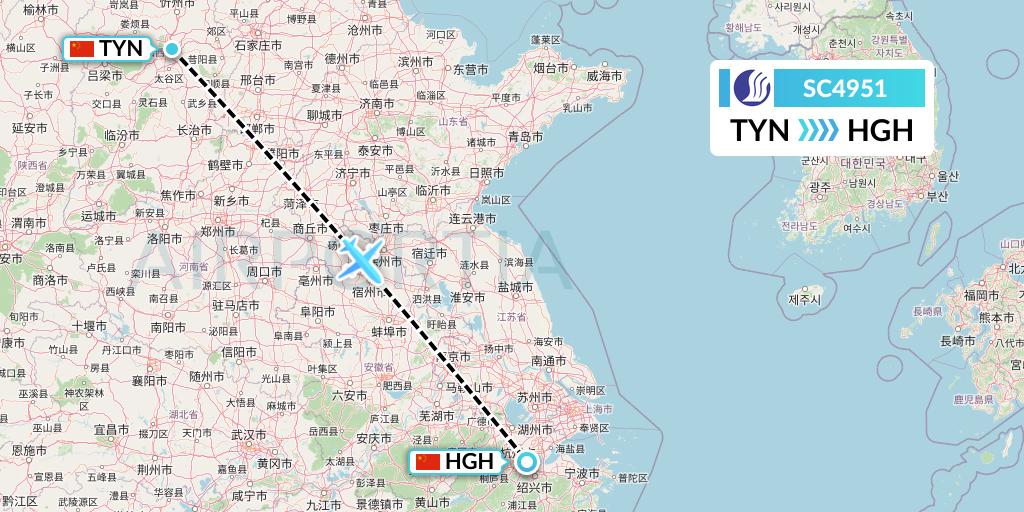 SC4951 Shandong Airlines Flight Map: Taiyuan to Hangzhou
