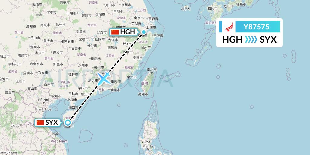 Y87575 Yangtze River Express Flight Map: Hangzhou to Sanya