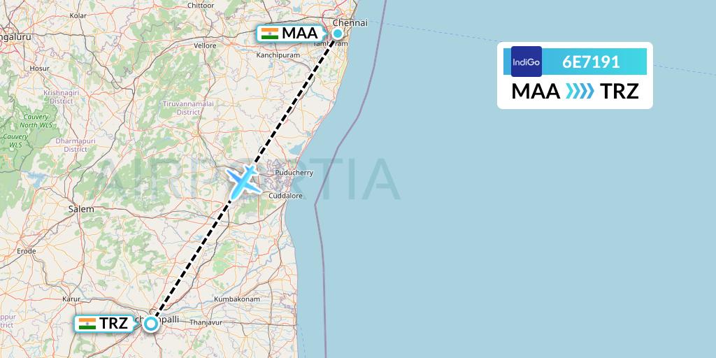 6E7191 IndiGo Airlines Flight Map: Chennai to Tiruchirapalli