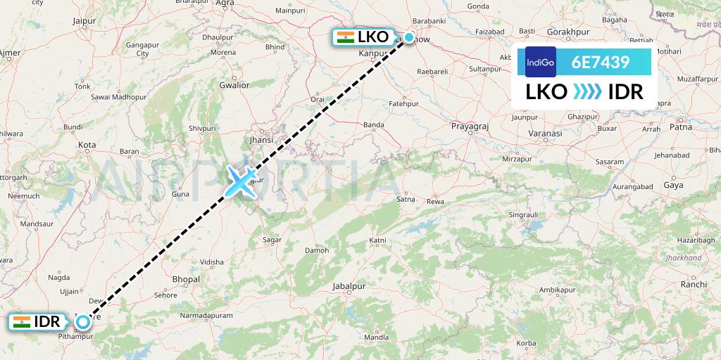 6E7439 IndiGo Airlines Flight Map: Lucknow to Indore