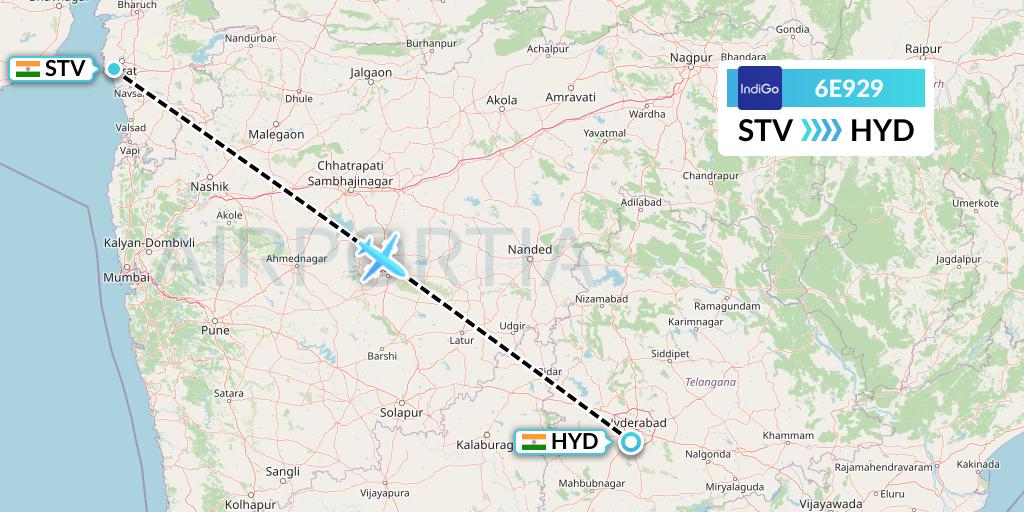 6E929 IndiGo Airlines Flight Map: Surat to Hyderabad