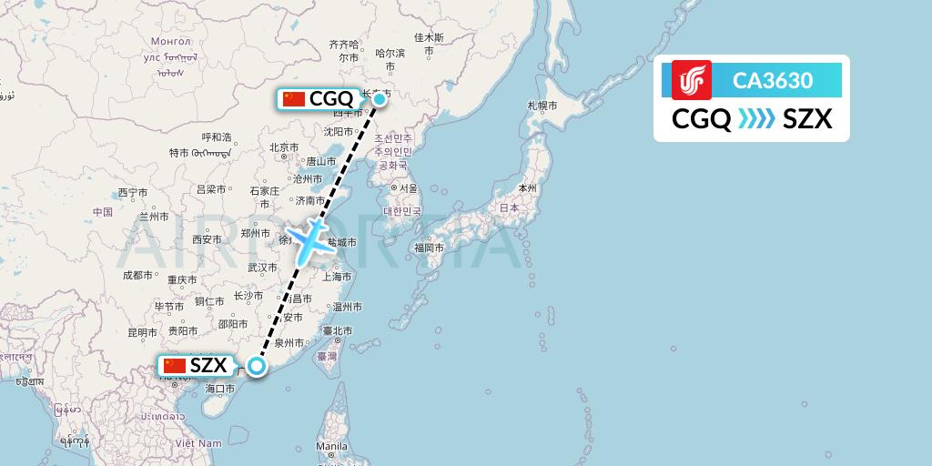CA3630 Air China Flight Map: Changchun to Shenzhen
