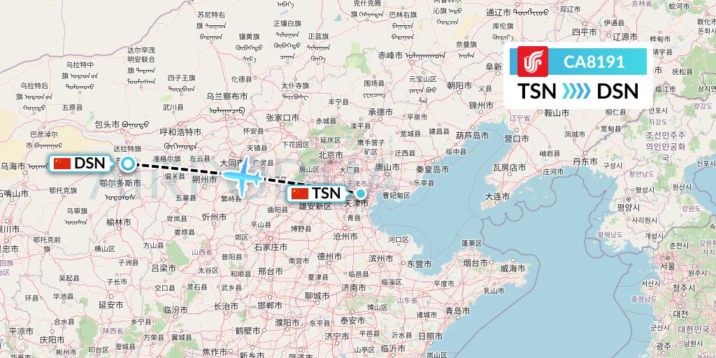 CA8191 Air China Flight Map: Tianjin to Dongsheng