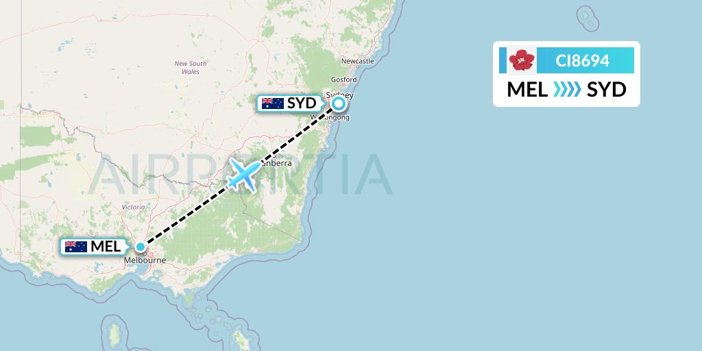 CI8694 China Airlines Flight Map: Melbourne to Sydney