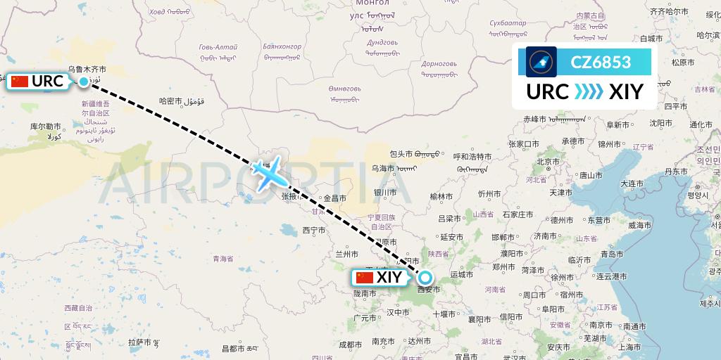 CZ6853 China Southern Airlines Flight Map: Urumqi to Xi'an
