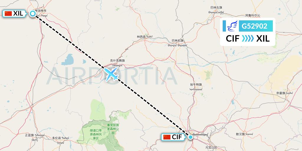 G52902 China Express Airlines Flight Map: Chifeng to Xilinhot