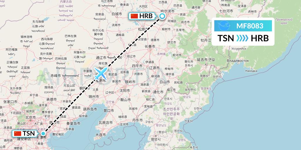 MF8083 Xiamen Airlines Flight Map: Tianjin to Harbin
