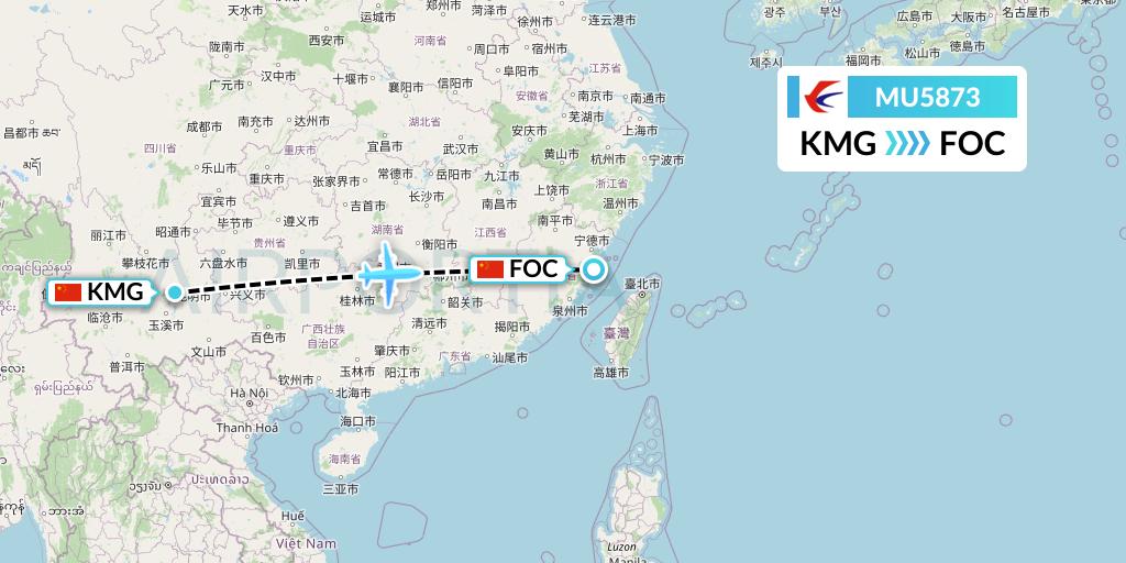 MU5873 China Eastern Airlines Flight Map: Kunming to Fuzhou