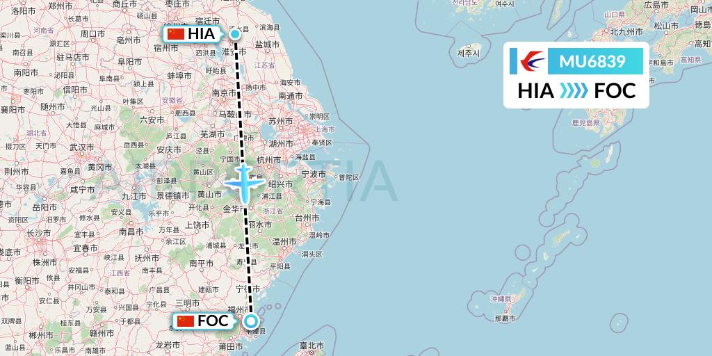 MU6839 China Eastern Airlines Flight Map: Huai'an to Fuzhou