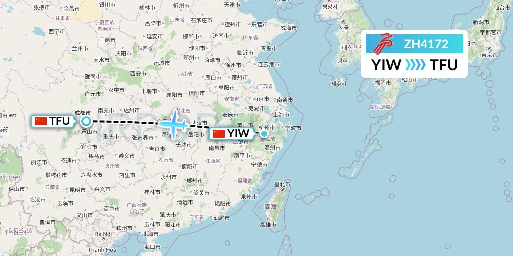 ZH4172 Shenzhen Airlines Flight Map: Yiwu to Chengdu