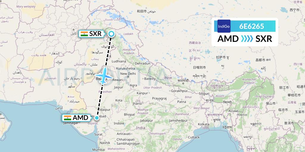 6E6265 IndiGo Airlines Flight Map: Ahmedabad to Srinagar