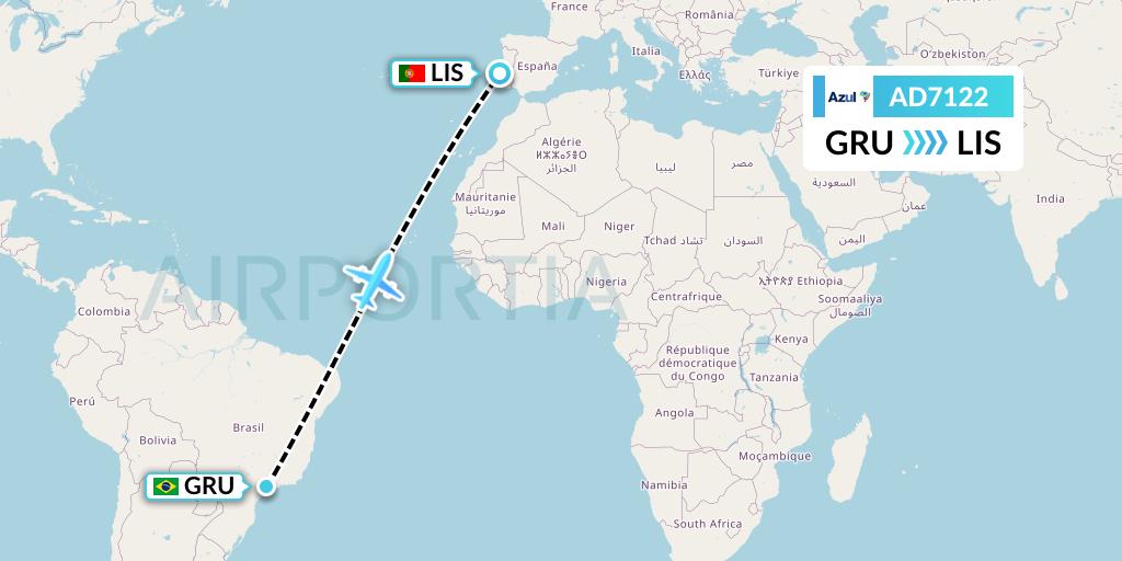AD7122 Azul Brazilian Airlines Flight Map: Sao Paulo to Lisbon