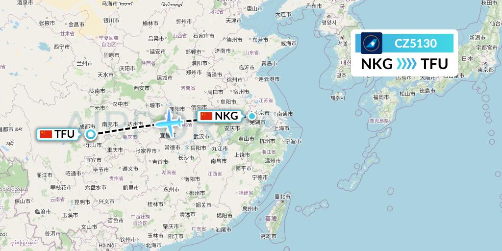 CZ5130 China Southern Airlines Flight Map: Nanjing to Chengdu