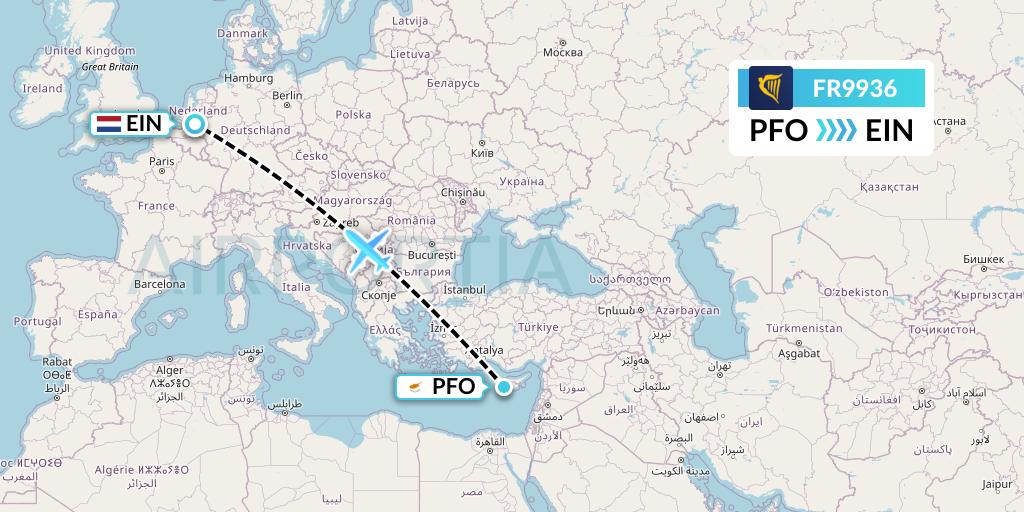 FR9936 Ryanair Flight Map: Pafos to Eindhoven